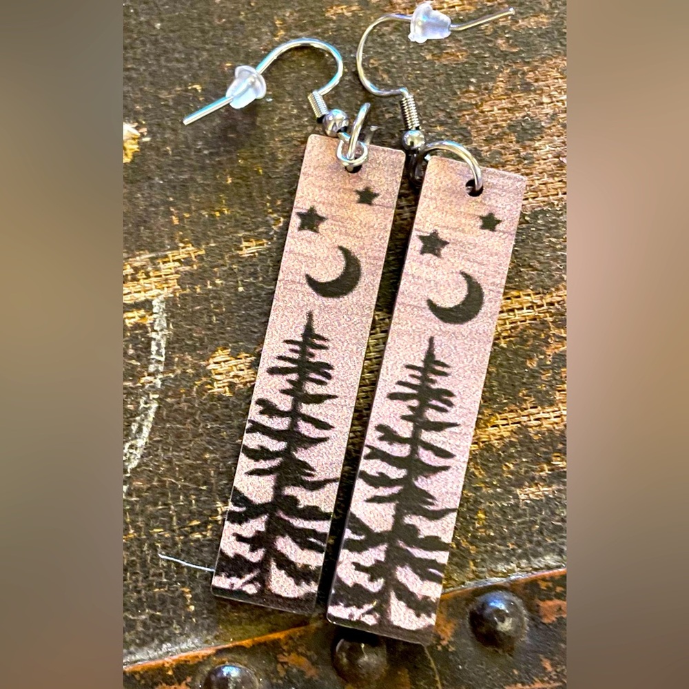 Moonlight Forest Evergreen Tree Wooden Earrings